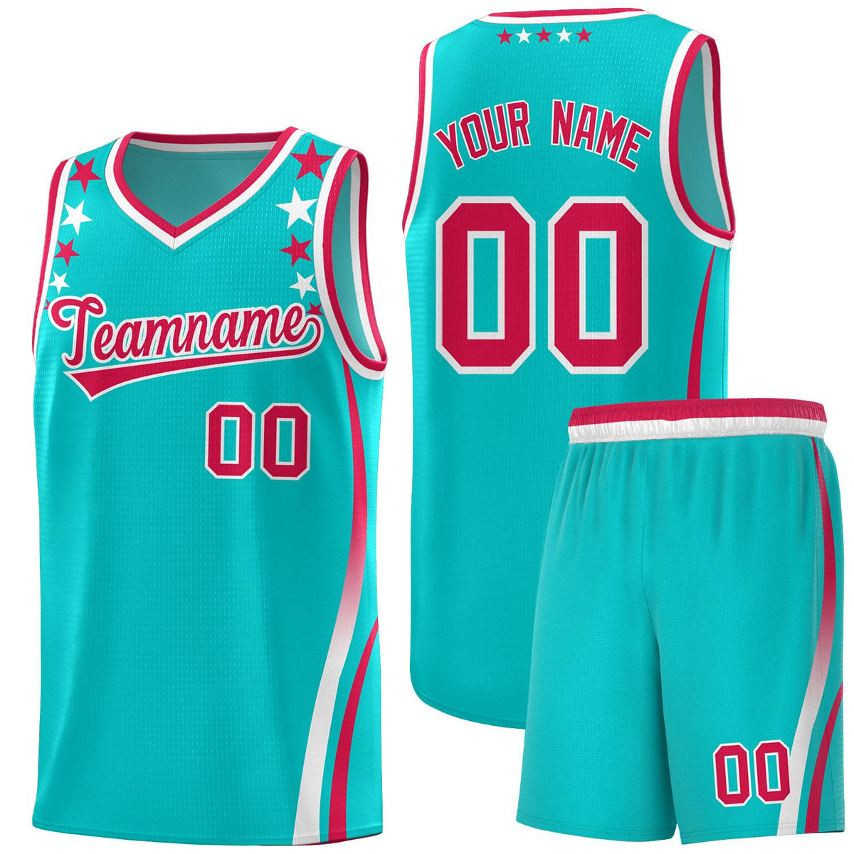 Custom Sky Blue Shoulders Star Pattern Side Color Block Sports Uniform Basketball Kits