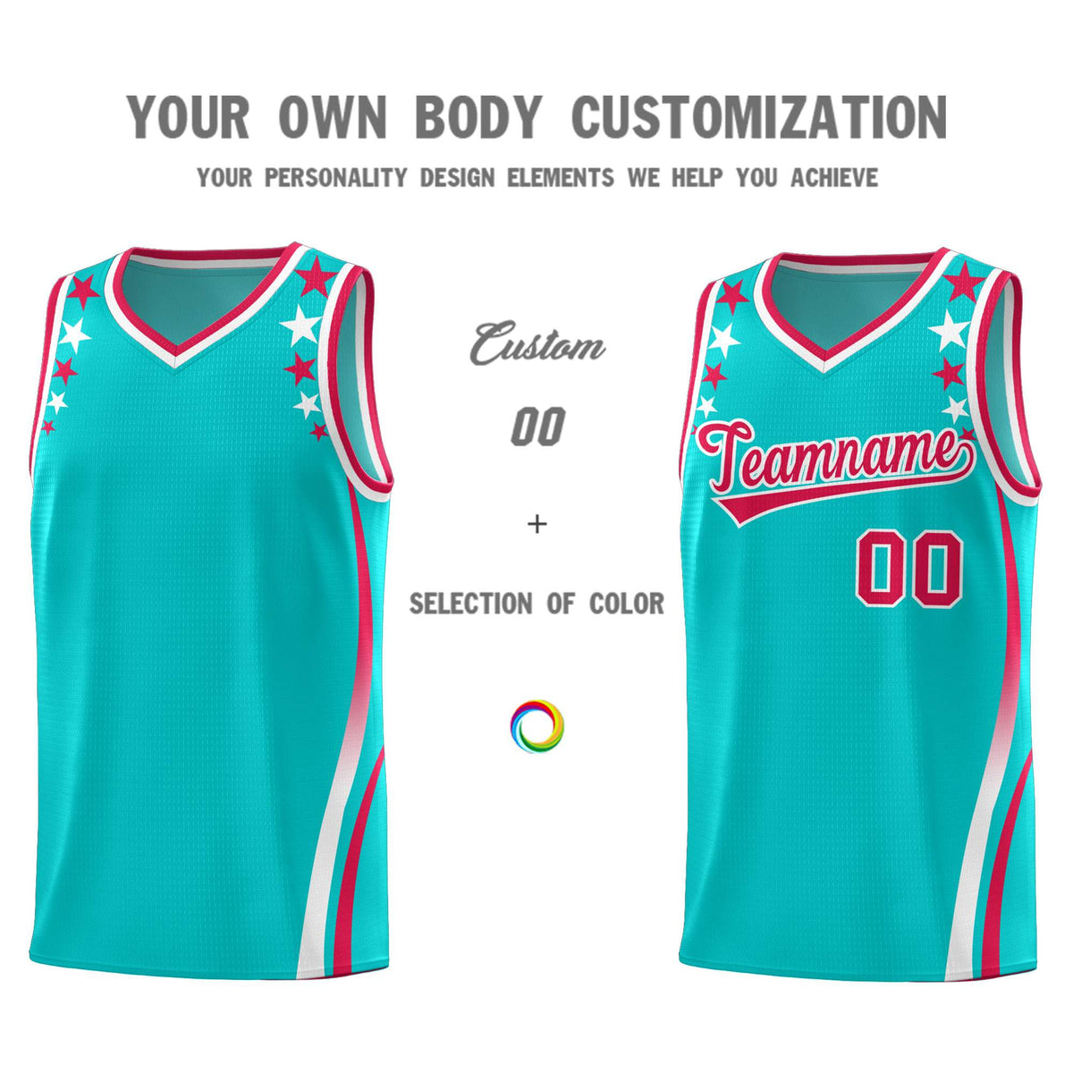 Custom Sky Blue Shoulders Star Pattern Side Color Block Sports Uniform Basketball Kits