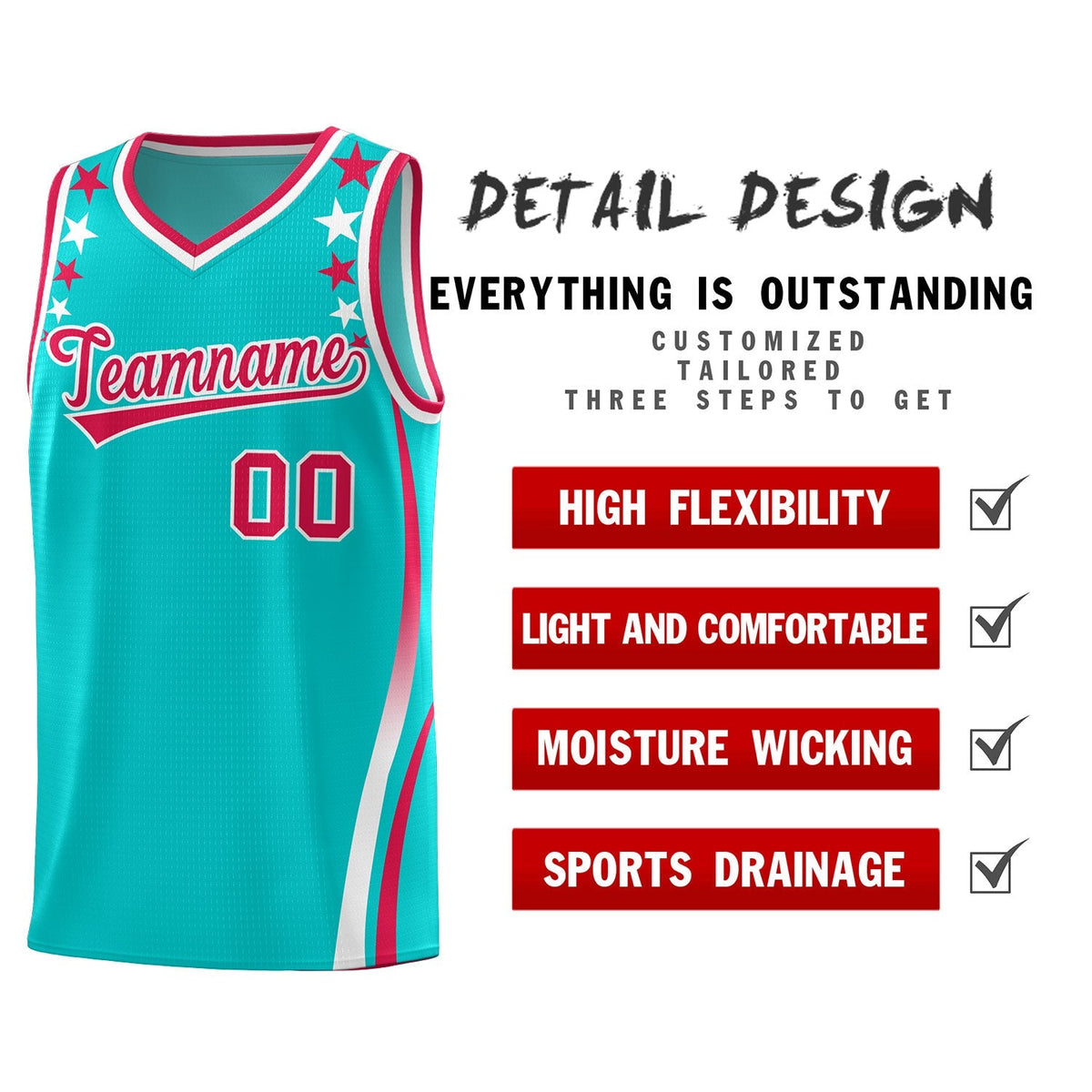Custom Sky Blue Shoulders Star Pattern Side Color Block Sports Uniform Basketball Kits