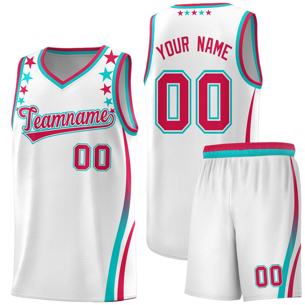 Custom White Shoulders Star Pattern Side Color Block Sports Uniform Basketball Kits