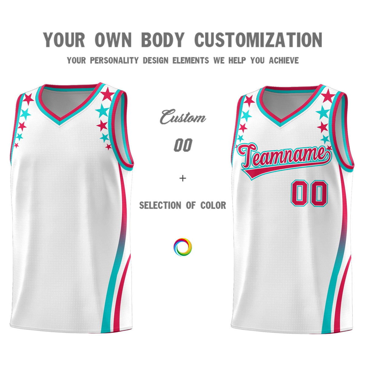 Custom White Shoulders Star Pattern Side Color Block Sports Uniform Basketball Kits