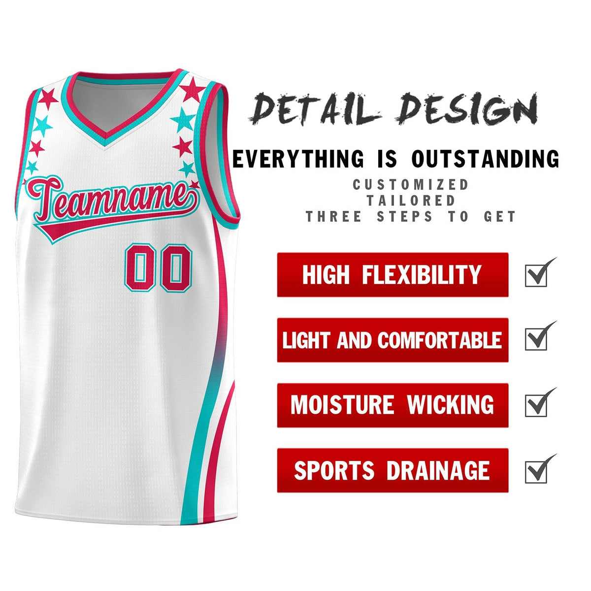 Custom White Shoulders Star Pattern Side Color Block Sports Uniform Basketball Kits