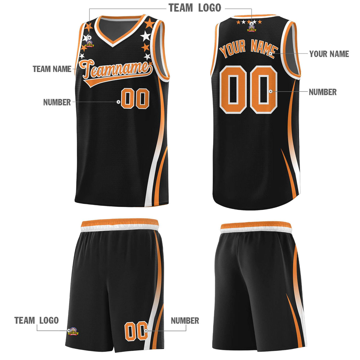 Custom Black Shoulders Star Pattern Side Color Block Sports Uniform Basketball Kits