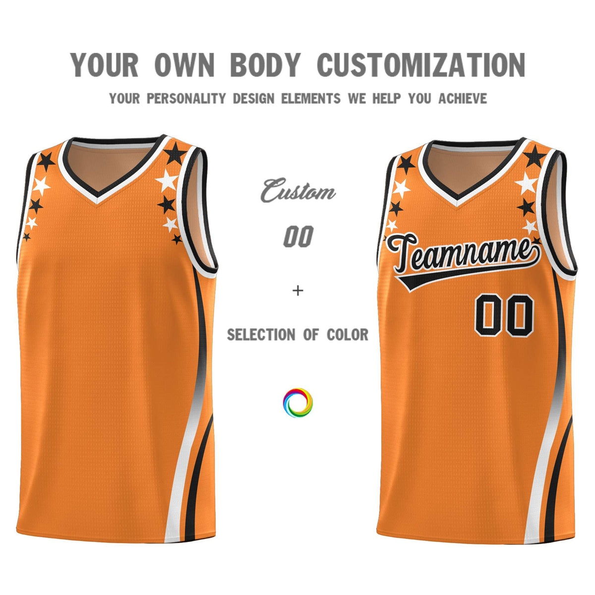 Custom Orange Shoulders Star Pattern Side Color Block Sports Uniform Basketball Kits