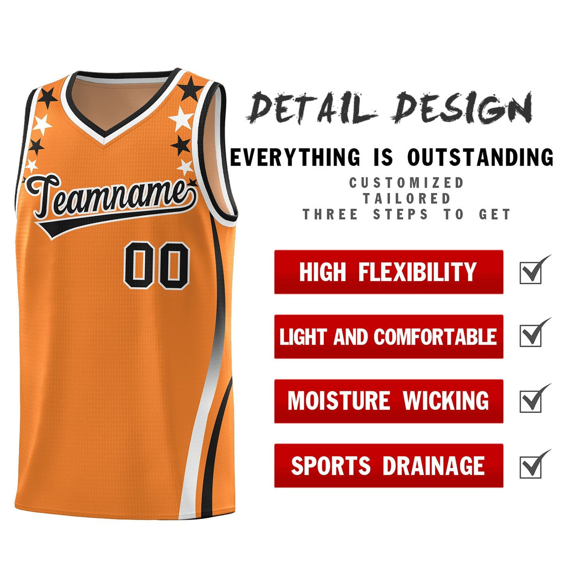 Custom Orange Shoulders Star Pattern Side Color Block Sports Uniform Basketball Kits