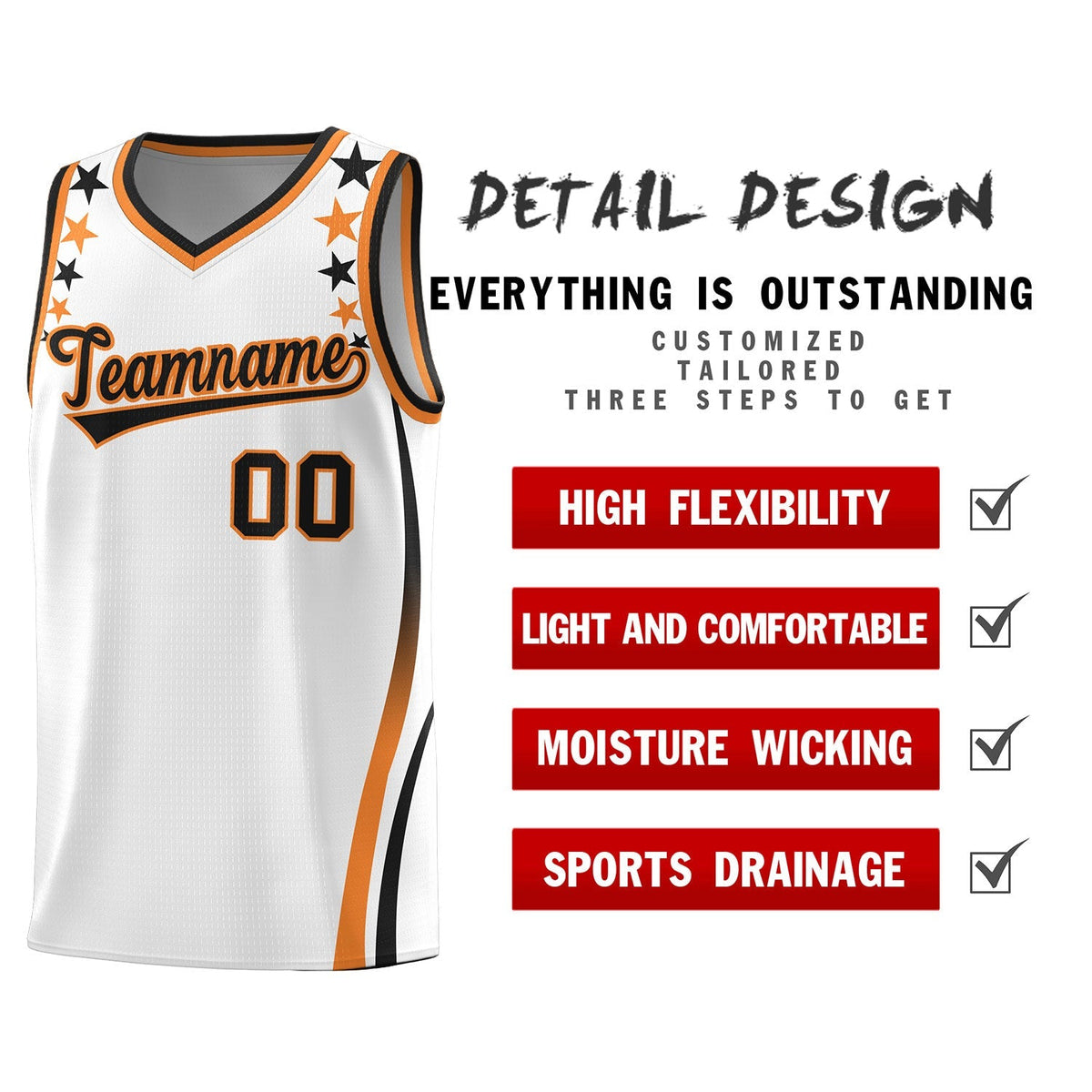 Custom White Shoulders Star Pattern Side Color Block Sports Uniform Basketball Kits