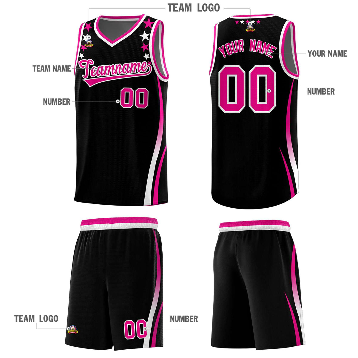 Custom Black Shoulders Star Pattern Side Color Block Sports Uniform Basketball Kits