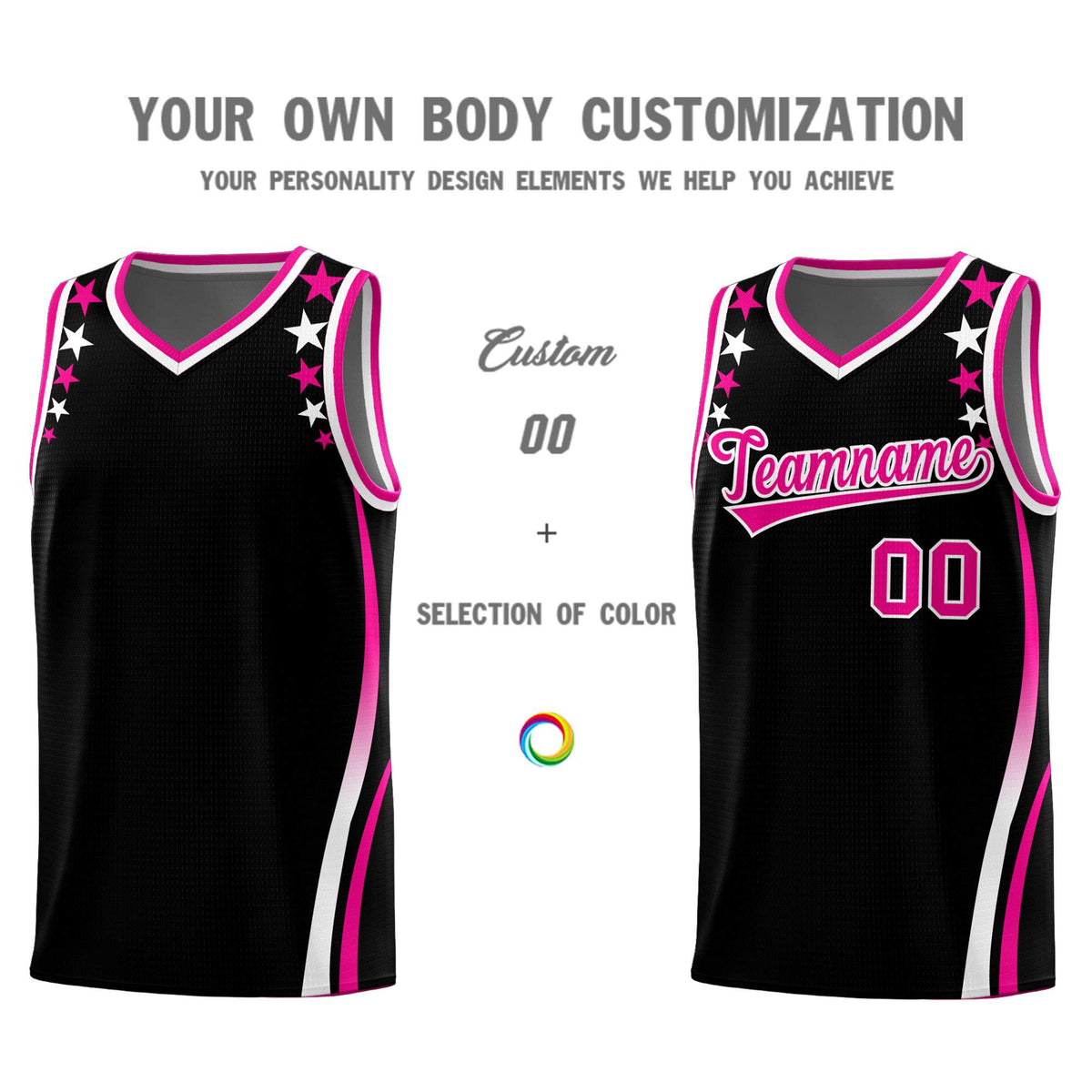 Custom Black Shoulders Star Pattern Side Color Block Sports Uniform Basketball Kits