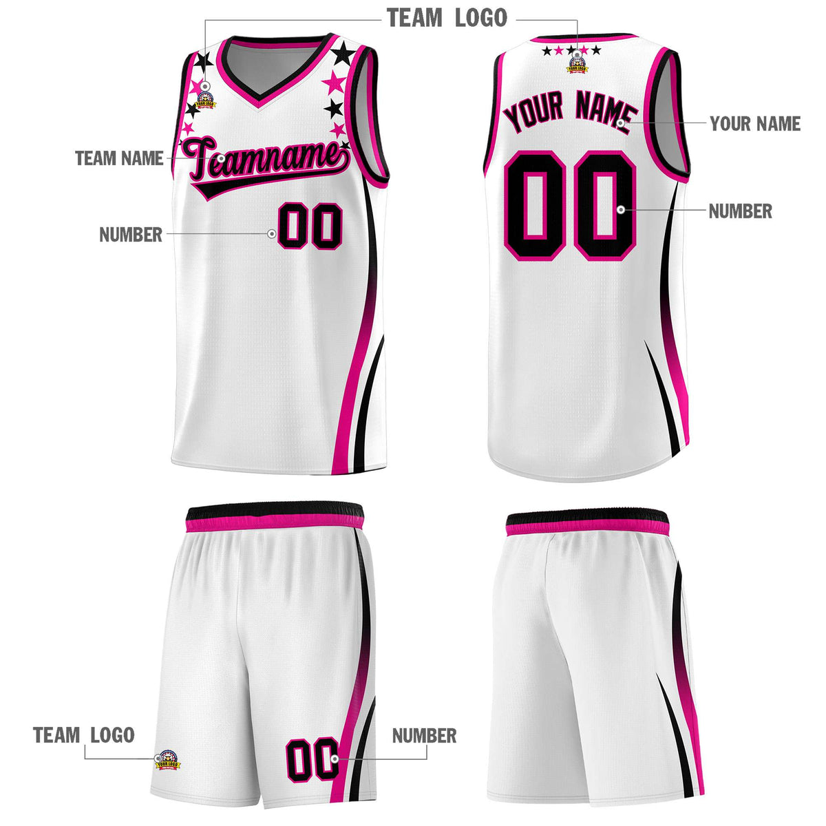 Custom White Shoulders Star Pattern Side Color Block Sports Uniform Basketball Kits