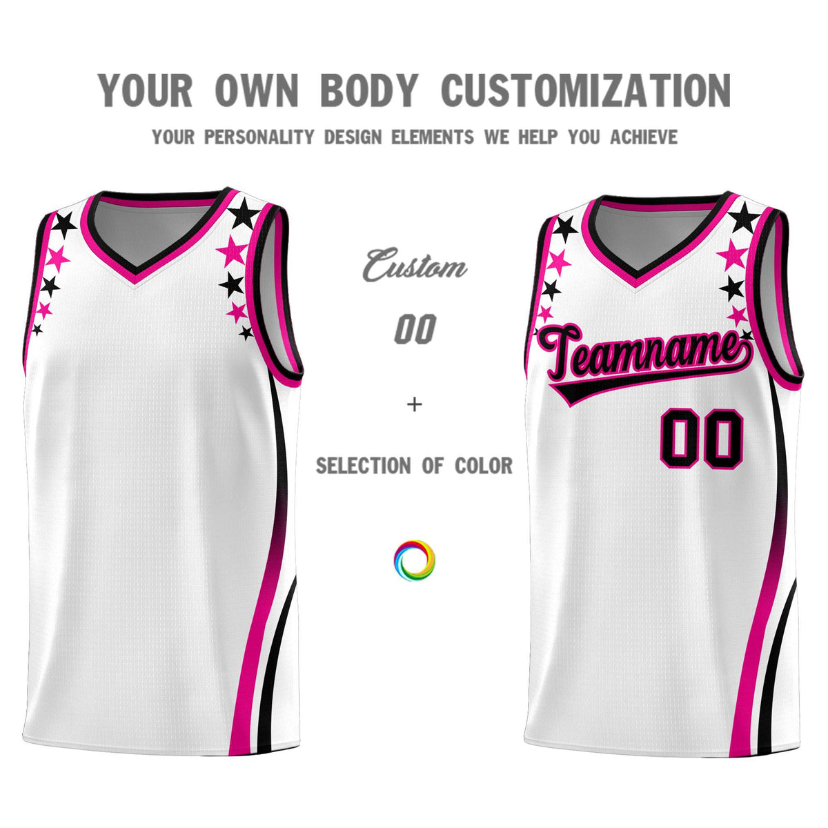 Custom White Shoulders Star Pattern Side Color Block Sports Uniform Basketball Kits