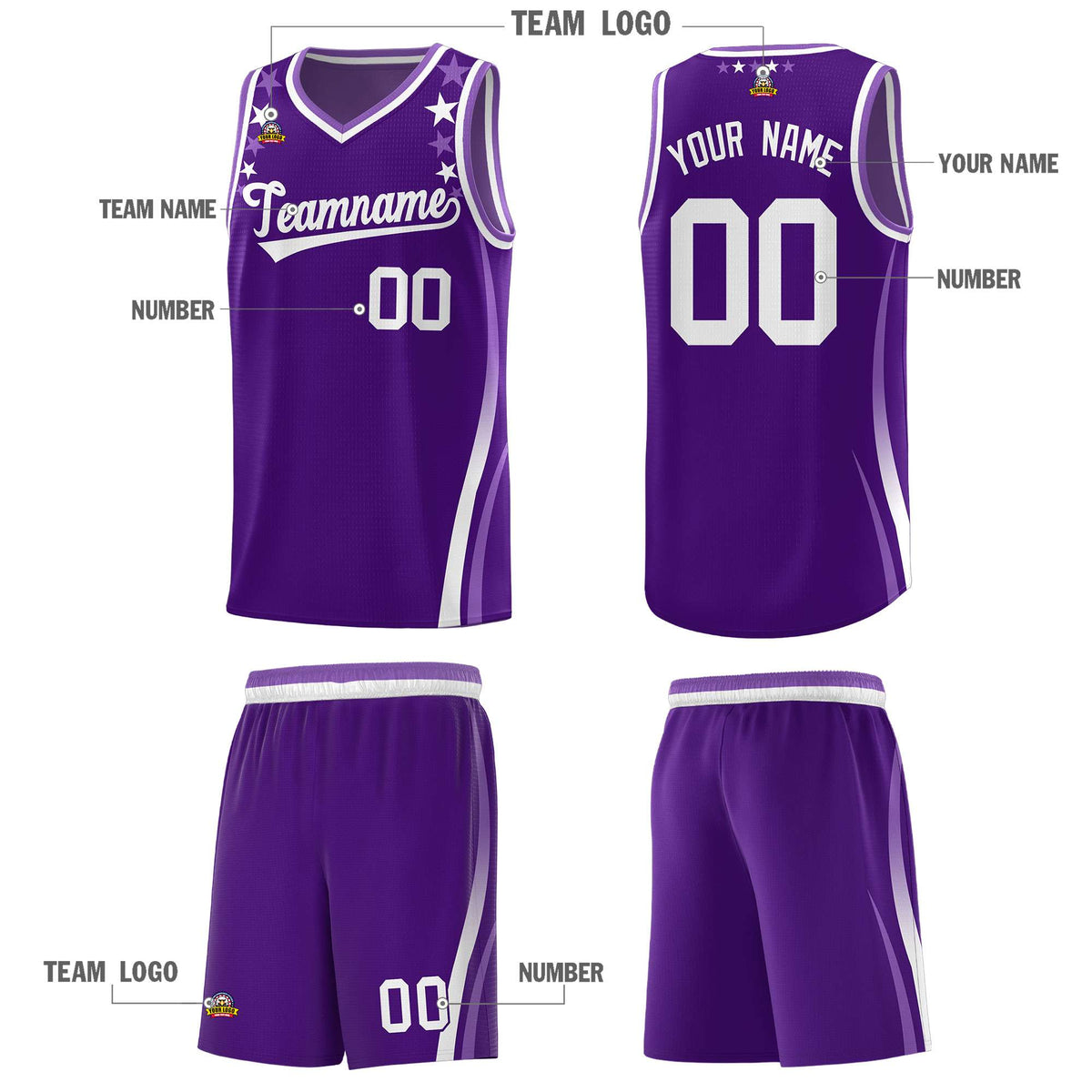 Custom Purple Shoulders Star Pattern Side Color Block Sports Uniform Basketball Kits