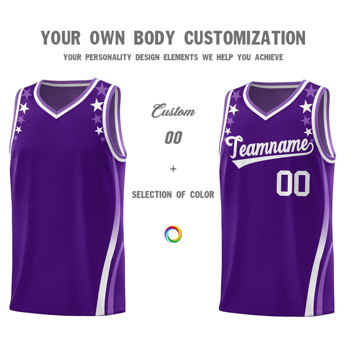 Custom Purple Shoulders Star Pattern Side Color Block Sports Uniform Basketball Kits