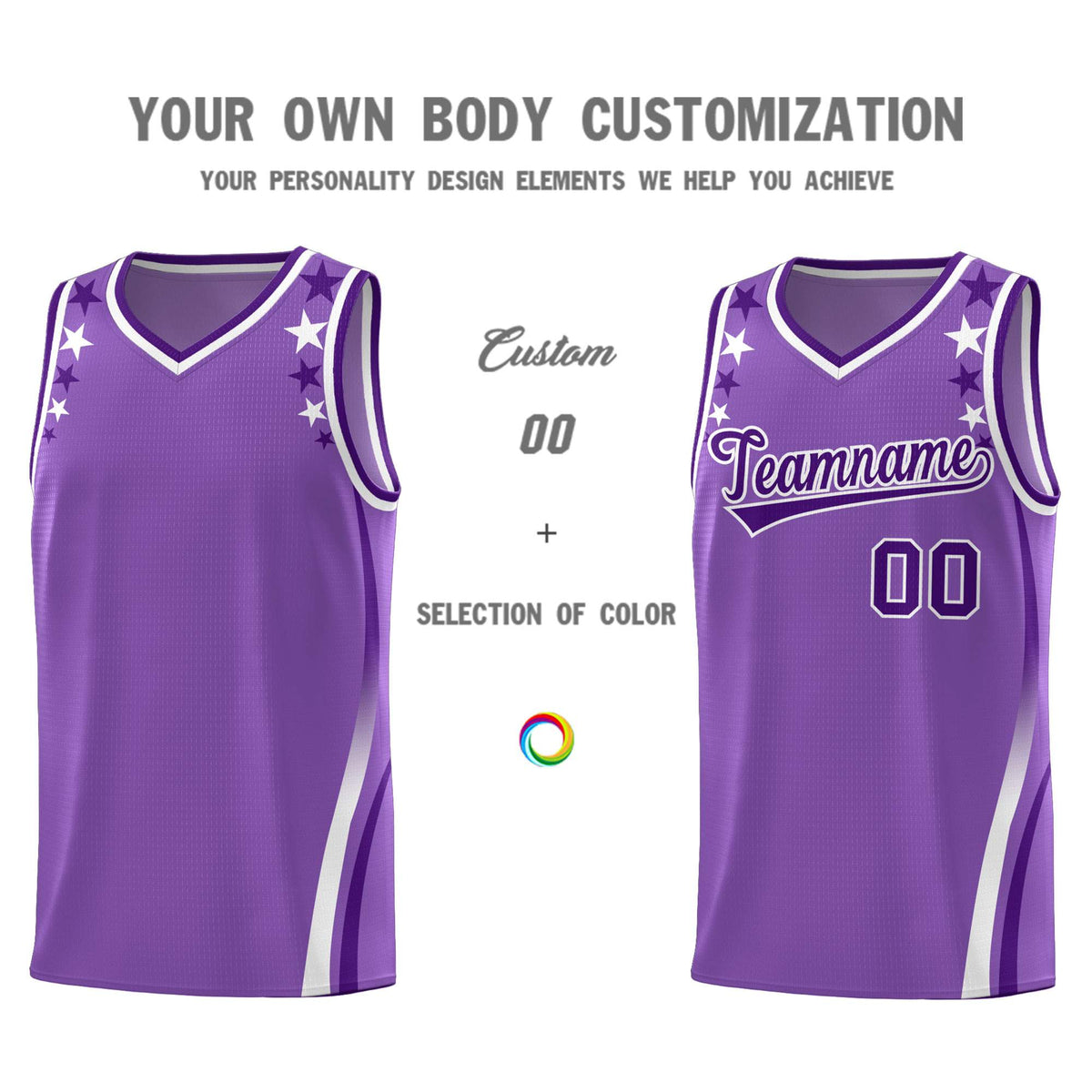 Custom Light Purple Shoulders Star Pattern Side Color Block Sports Uniform Basketball Kits
