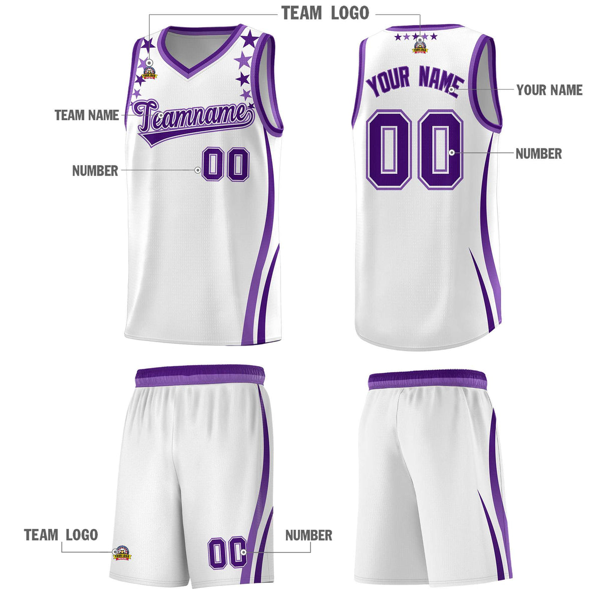 Custom White Shoulders Star Pattern Side Color Block Sports Uniform Basketball Kits