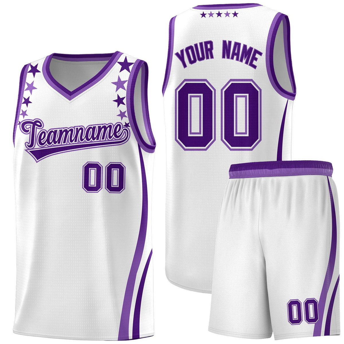 Custom White Shoulders Star Pattern Side Color Block Sports Uniform Basketball Kits