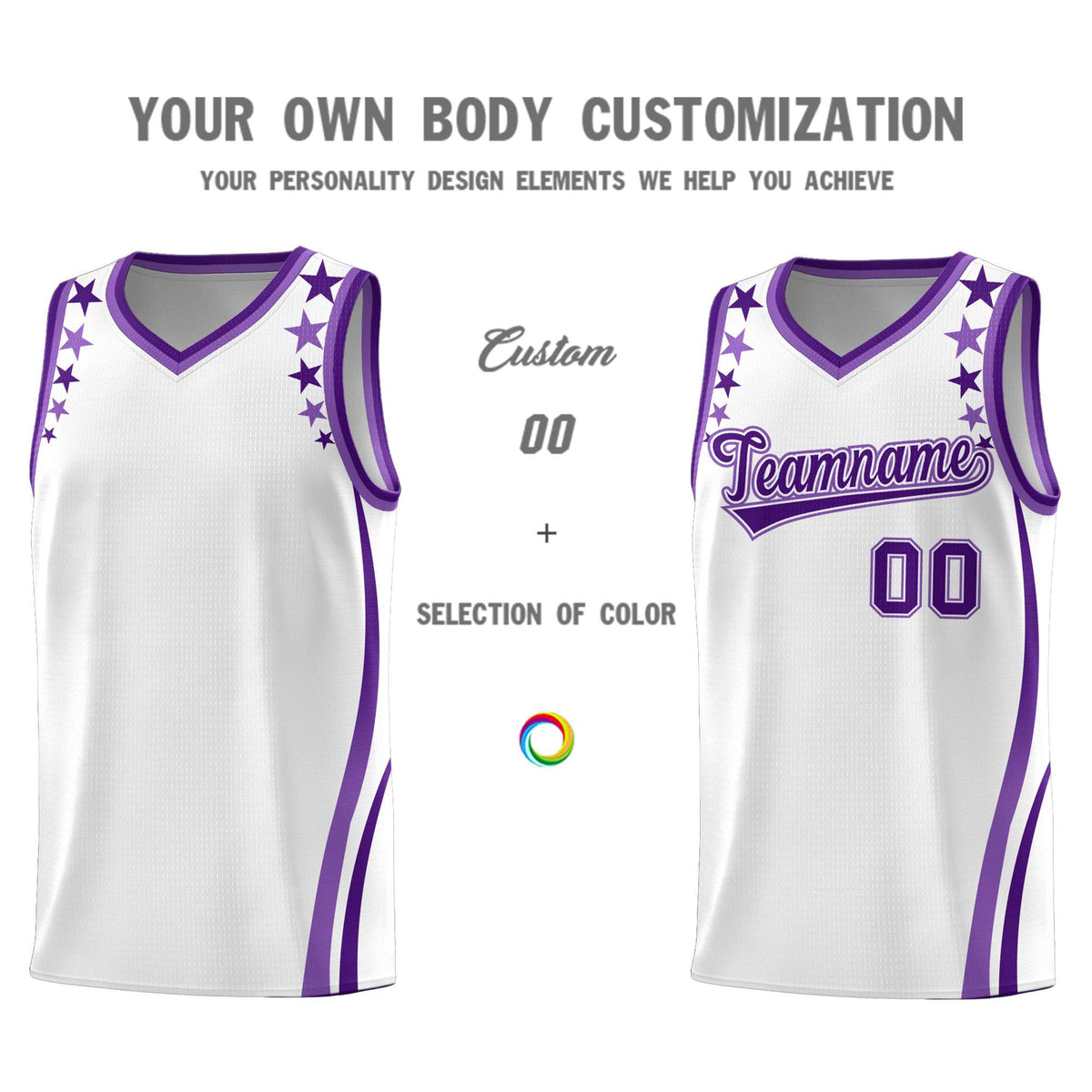 Custom White Shoulders Star Pattern Side Color Block Sports Uniform Basketball Kits