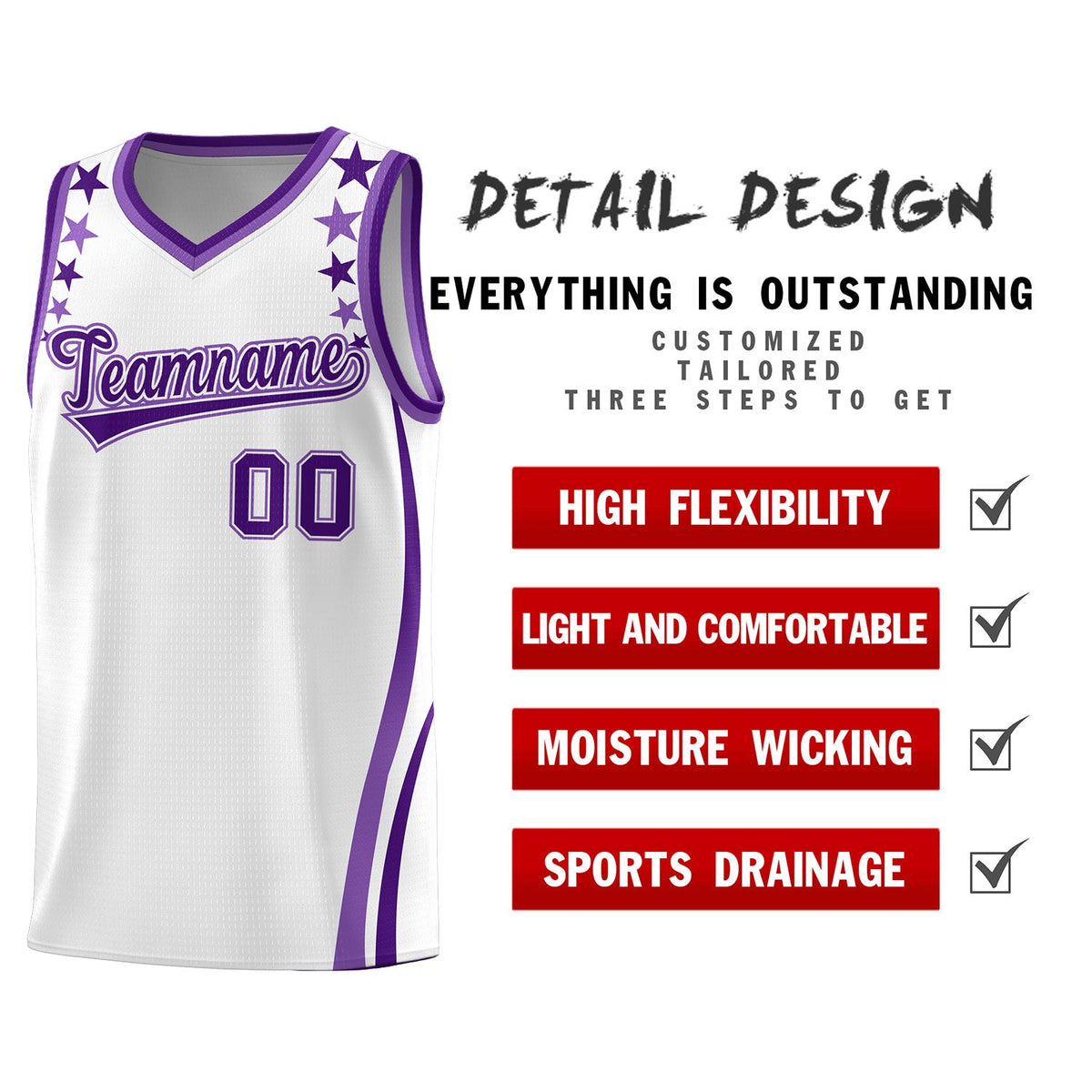 Custom White Shoulders Star Pattern Side Color Block Sports Uniform Basketball Kits