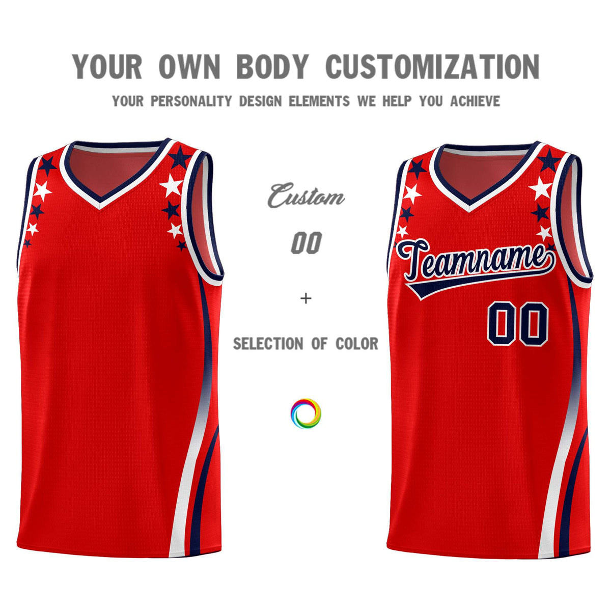 Custom Red Shoulders Star Pattern Side Color Block Sports Uniform Basketball Kits