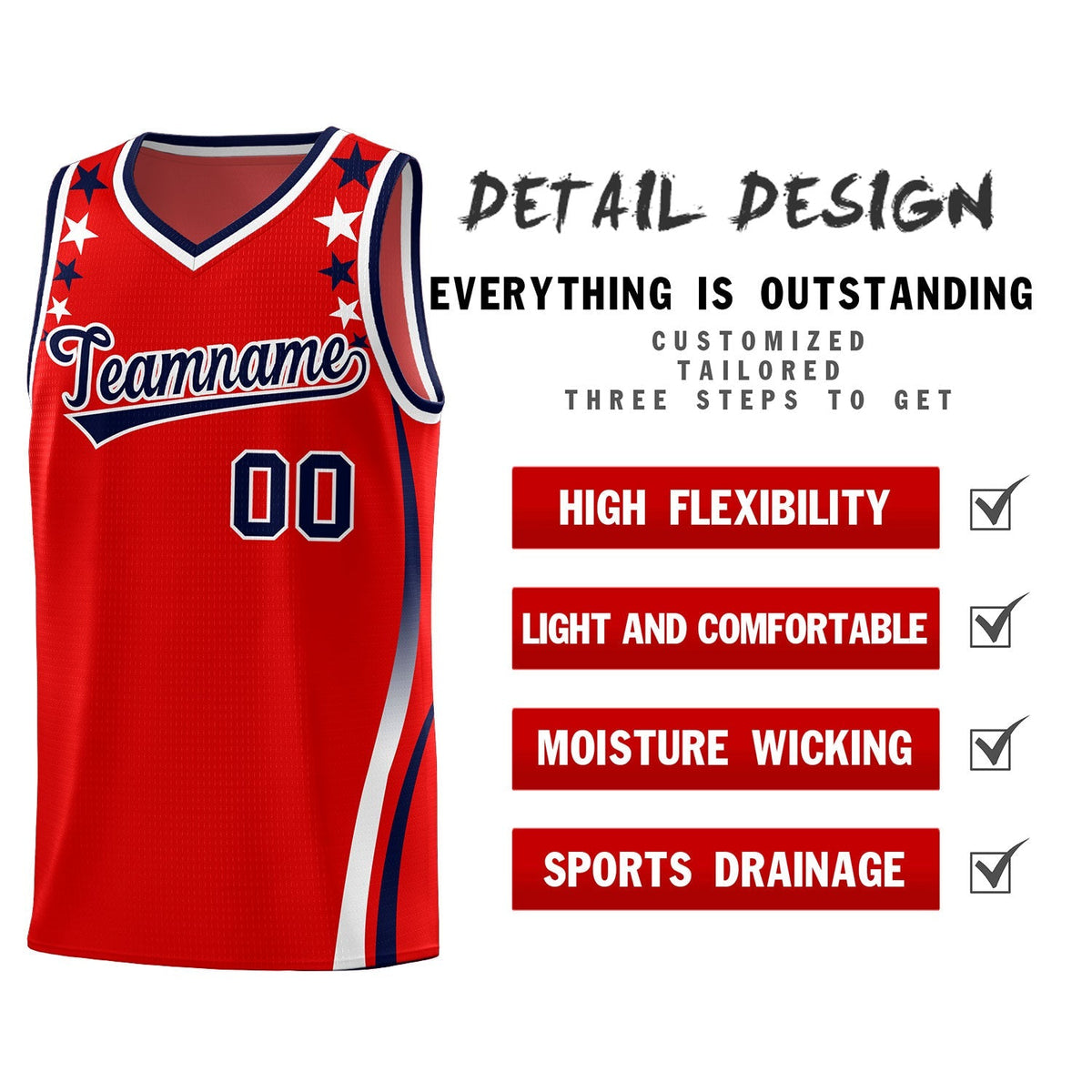 Custom Red Shoulders Star Pattern Side Color Block Sports Uniform Basketball Kits