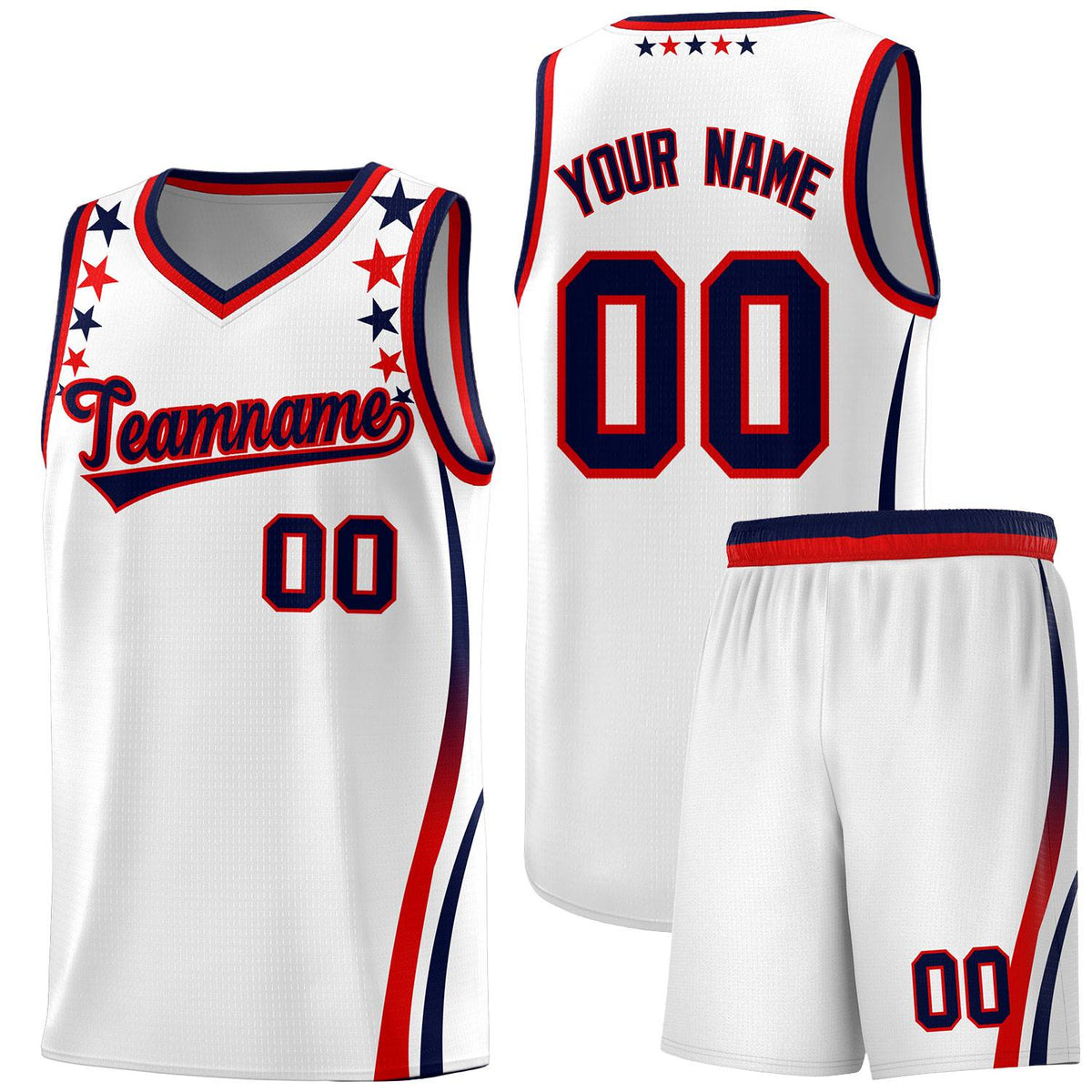 Custom White Shoulders Star Pattern Side Color Block Sports Uniform Basketball Kits