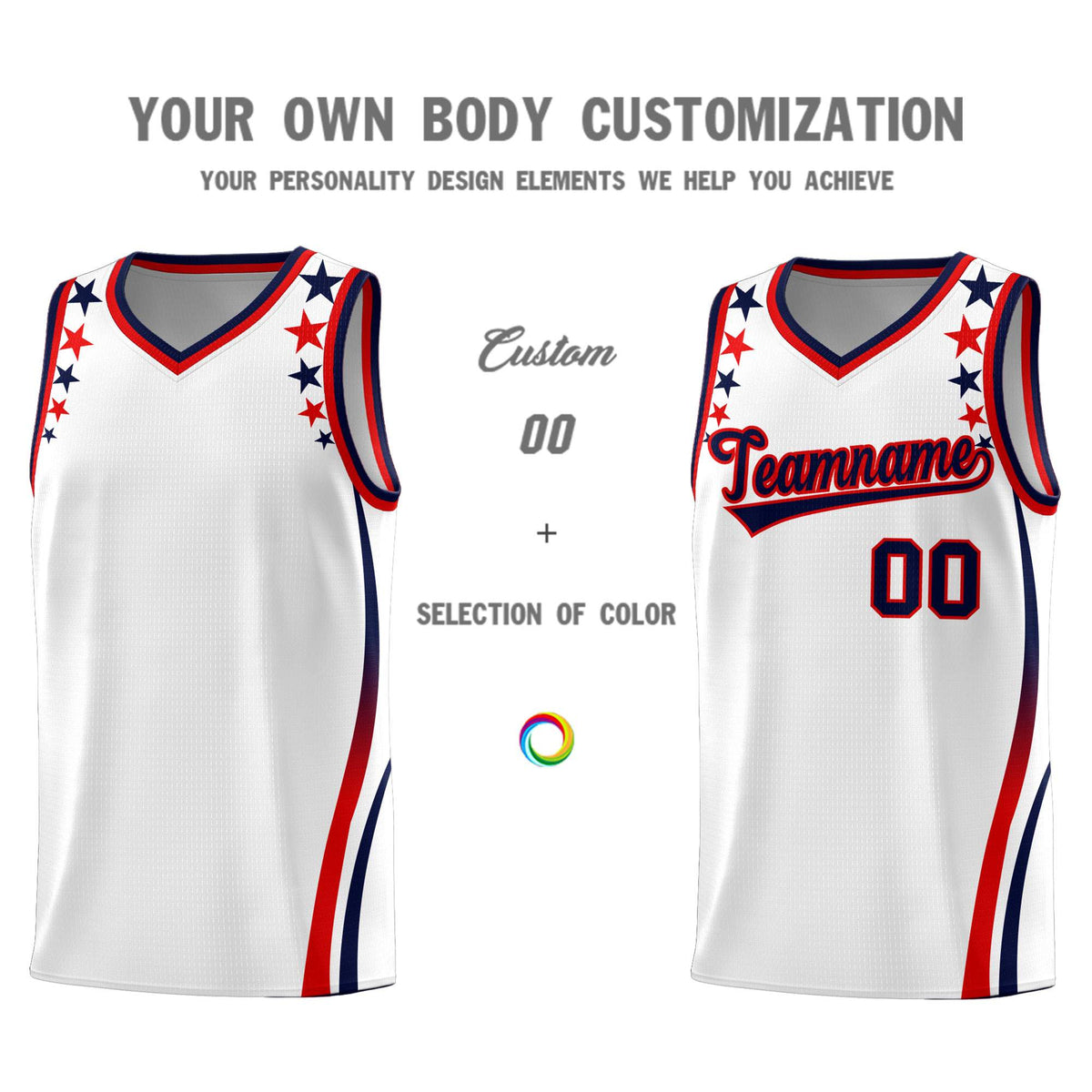 Custom White Shoulders Star Pattern Side Color Block Sports Uniform Basketball Kits