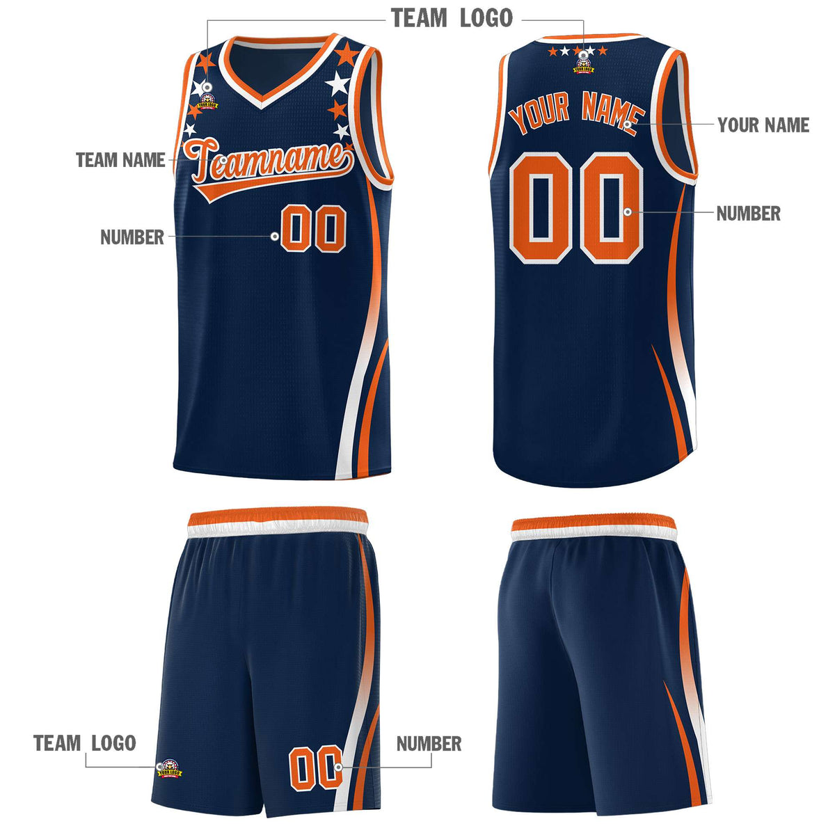 Custom Navy Shoulders Star Pattern Side Color Block Sports Uniform Basketball Kits