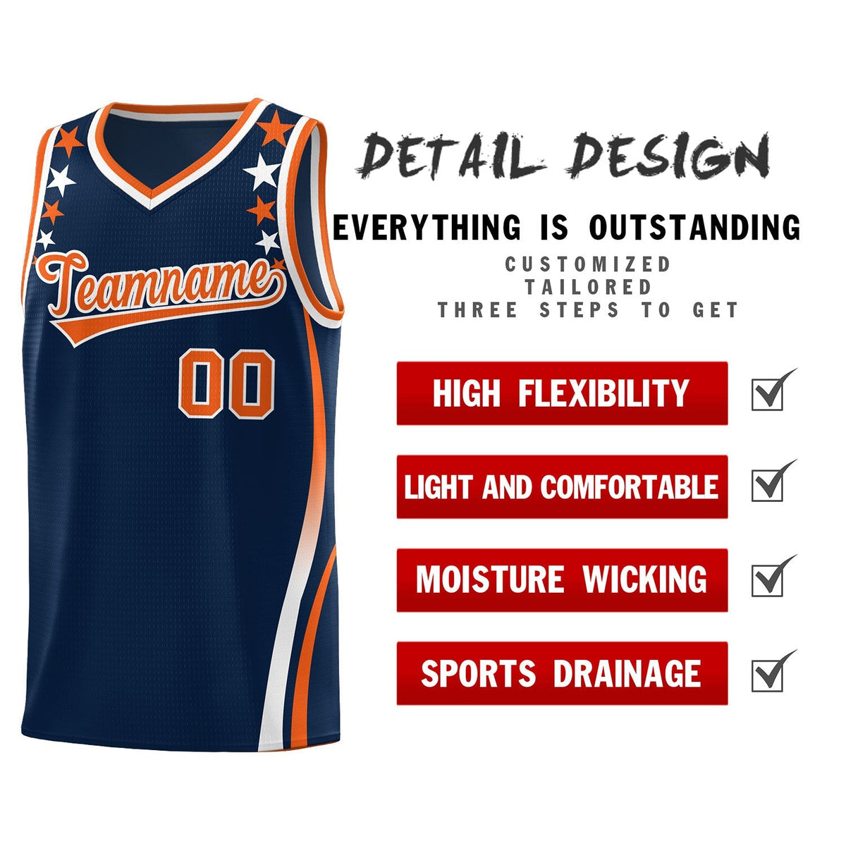 Custom Navy Shoulders Star Pattern Side Color Block Sports Uniform Basketball Kits