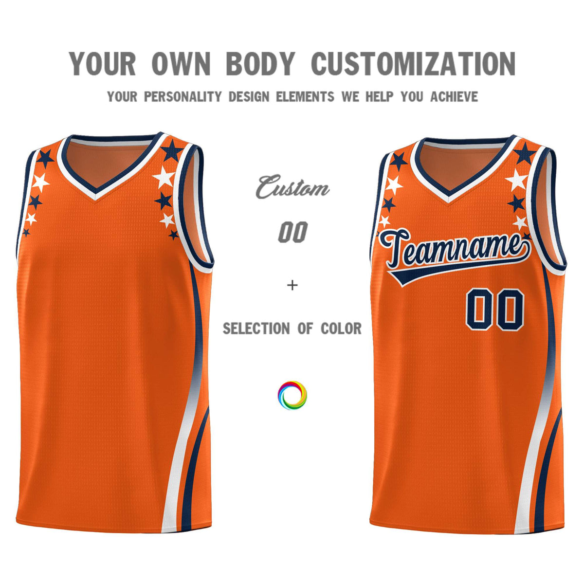 Custom Orange Shoulders Star Pattern Side Color Block Sports Uniform Basketball Kits