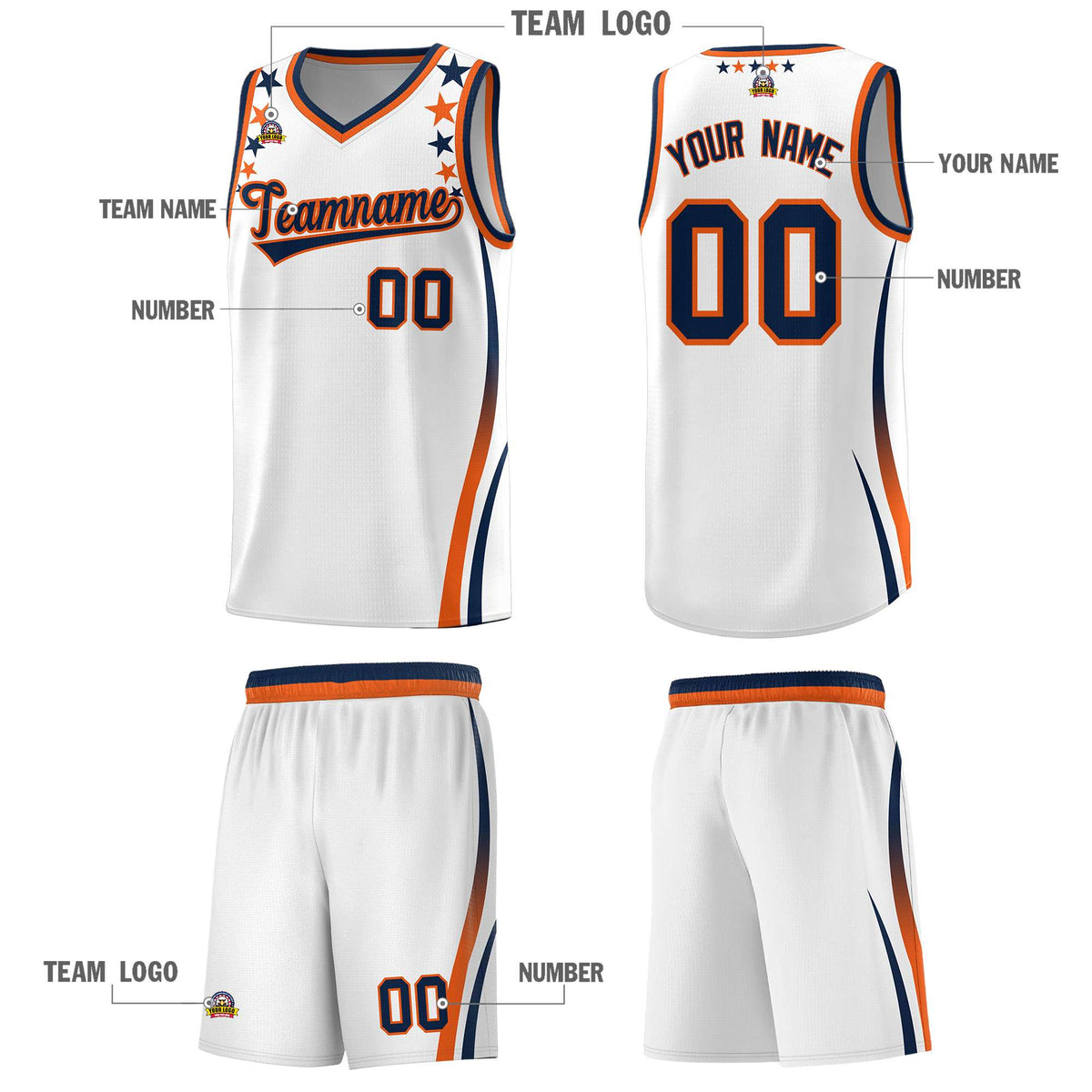 Custom White Shoulders Star Pattern Side Color Block Sports Uniform Basketball Kits