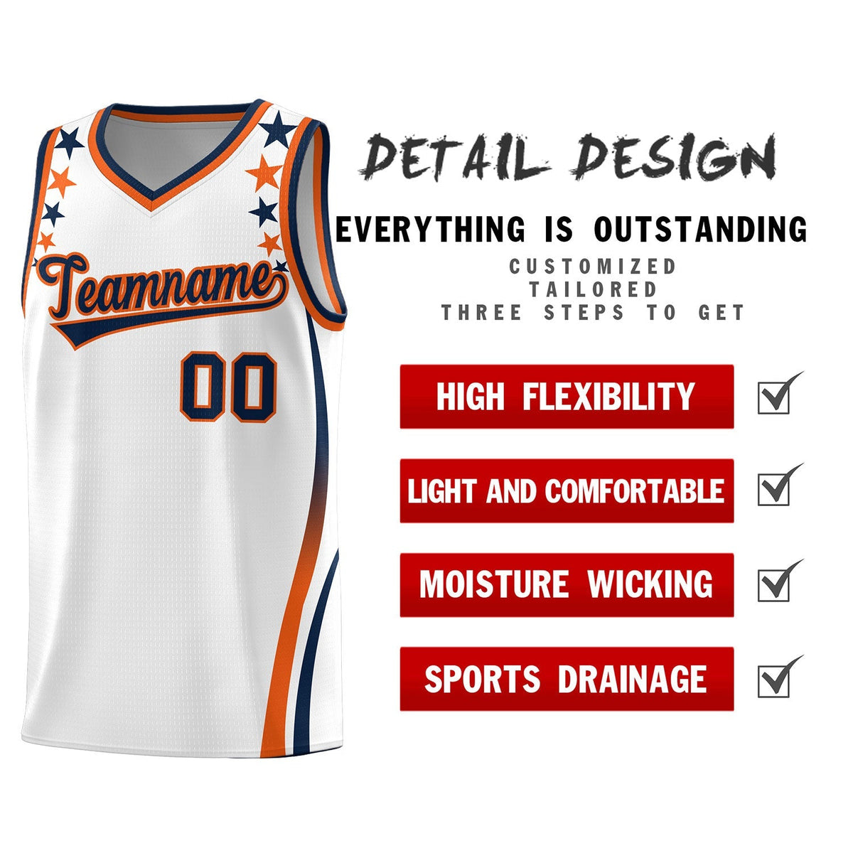 Custom White Shoulders Star Pattern Side Color Block Sports Uniform Basketball Kits