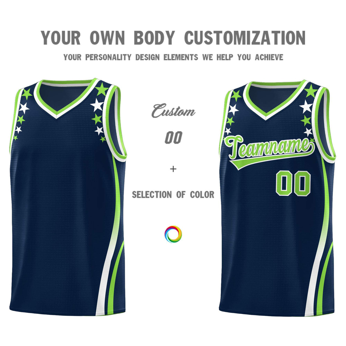 Custom Navy Shoulders Star Pattern Side Color Block Sports Uniform Basketball Kits