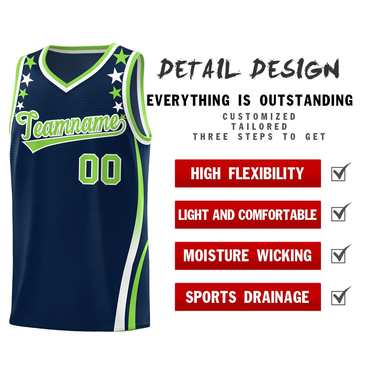 Custom Navy Shoulders Star Pattern Side Color Block Sports Uniform Basketball Kits