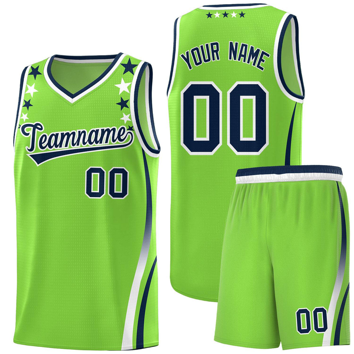 Custom Neon Green Shoulders Star Pattern Side Color Block Sports Uniform Basketball Kits