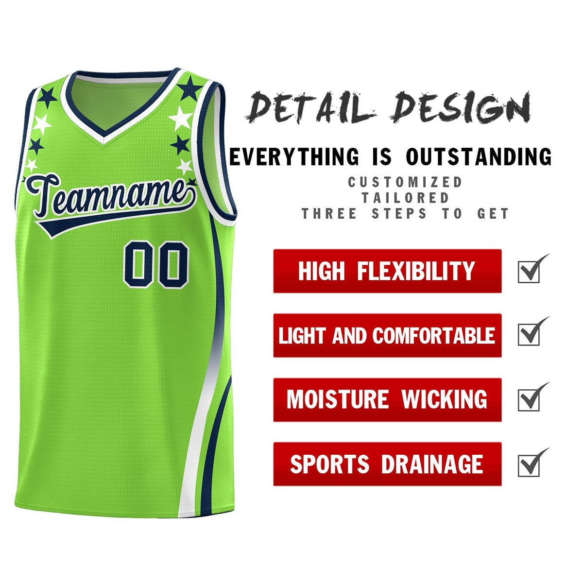 Custom Neon Green Shoulders Star Pattern Side Color Block Sports Uniform Basketball Kits