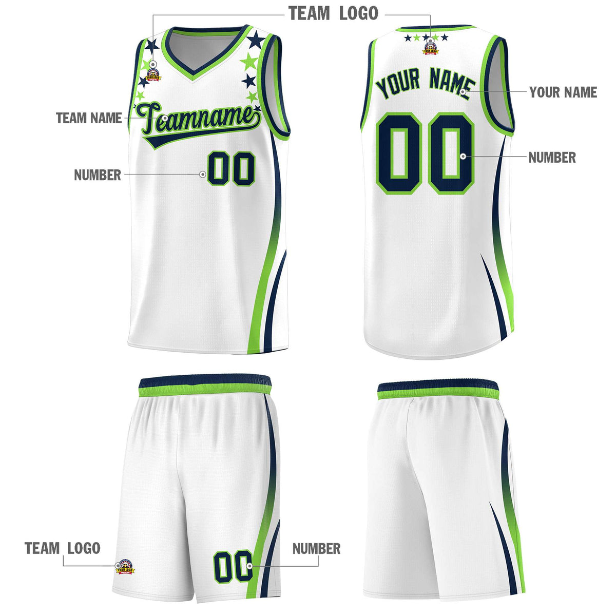 Custom White Shoulders Star Pattern Side Color Block Sports Uniform Basketball Kits