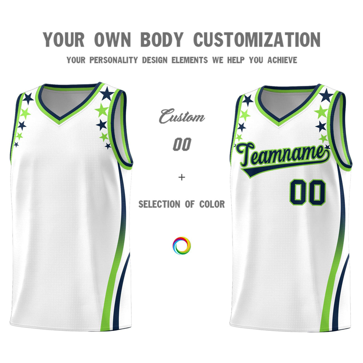Custom White Shoulders Star Pattern Side Color Block Sports Uniform Basketball Kits