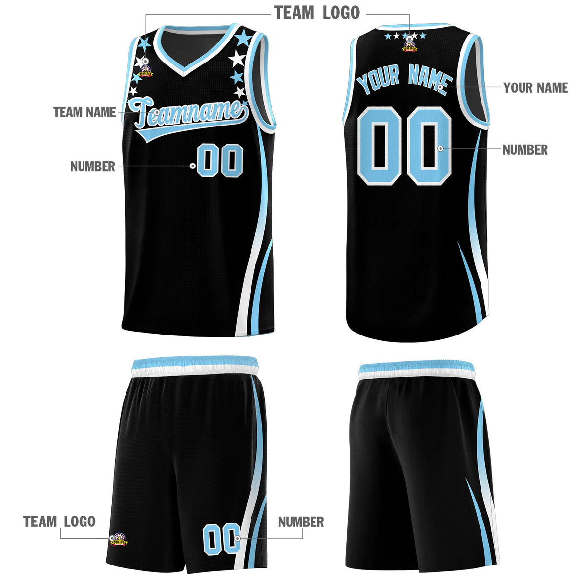 Custom Black Shoulders Star Pattern Side Color Block Sports Uniform Basketball Kits