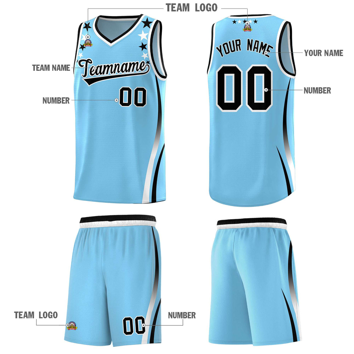 Custom Light Blue Shoulders Star Pattern Side Color Block Sports Uniform Basketball Kits
