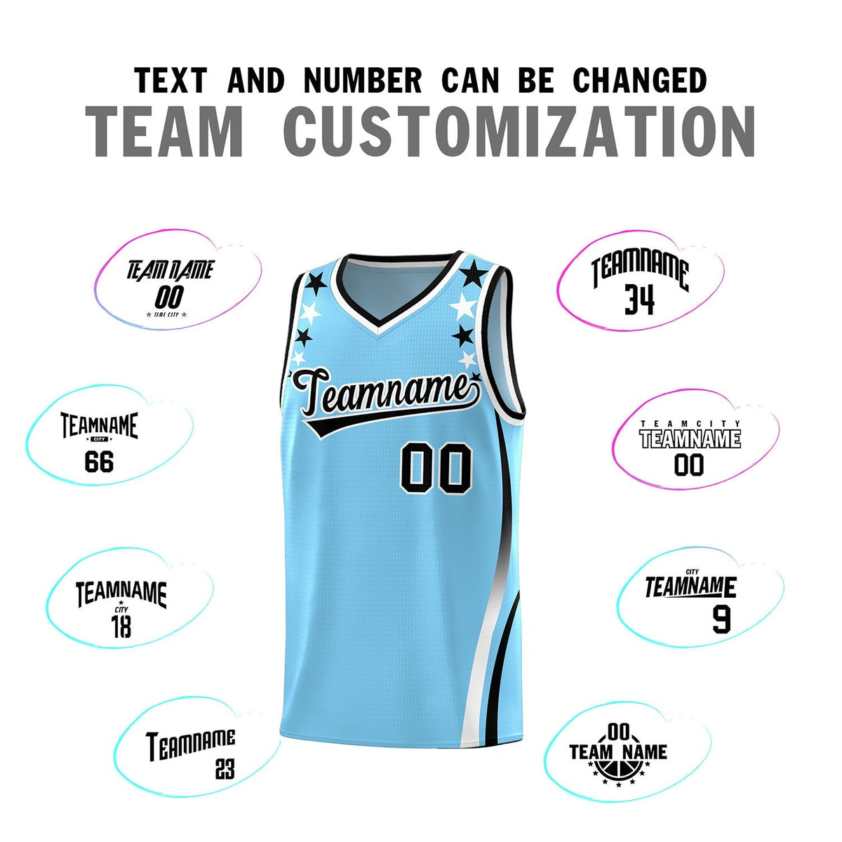 Custom Light Blue Shoulders Star Pattern Side Color Block Sports Uniform Basketball Kits