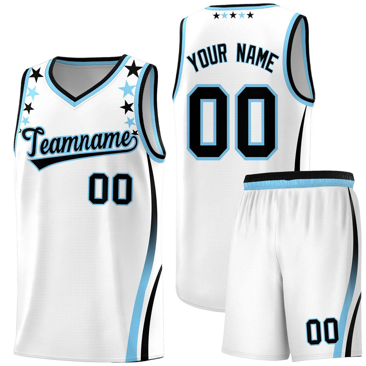 Custom White Shoulders Star Pattern Side Color Block Sports Uniform Basketball Kits
