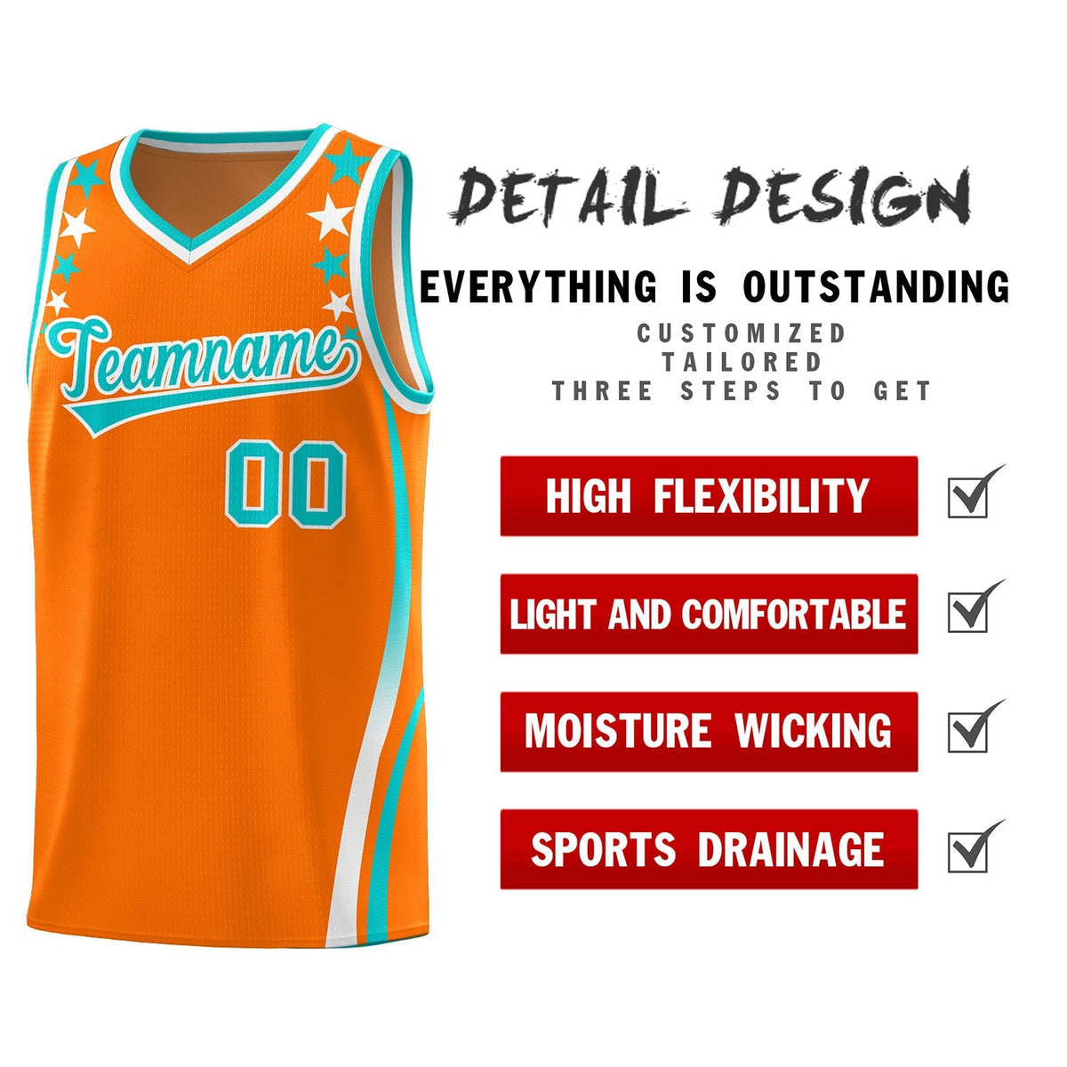 Custom Orange Shoulders Star Pattern Side Color Block Sports Uniform Basketball Kits