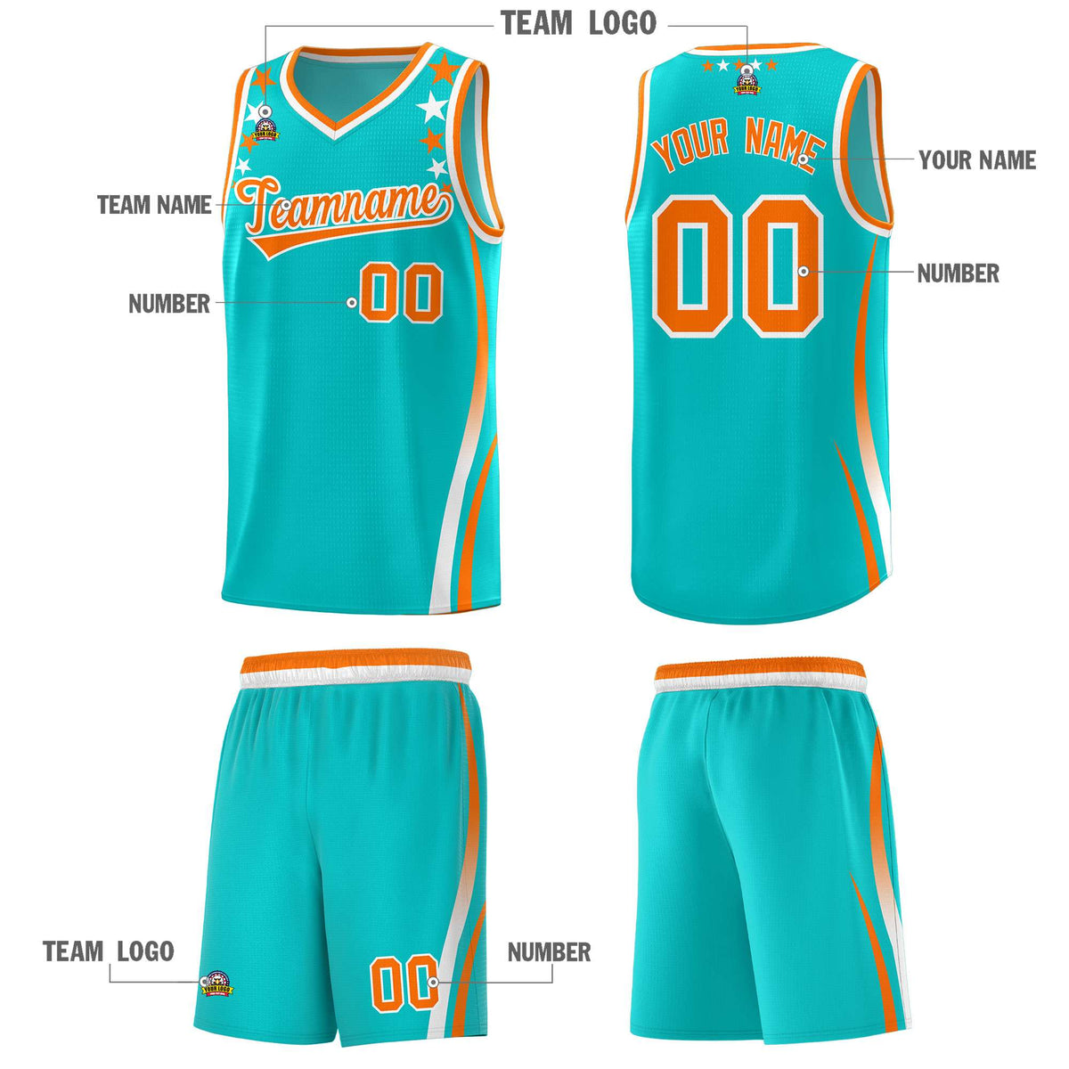 Custom Sky Blue Shoulders Star Pattern Side Color Block Sports Uniform Basketball Kits