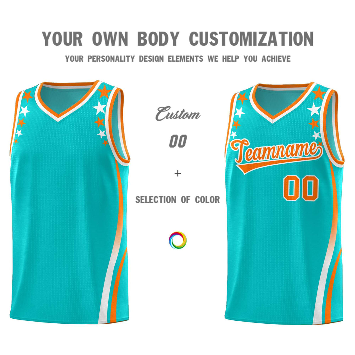 Custom Sky Blue Shoulders Star Pattern Side Color Block Sports Uniform Basketball Kits