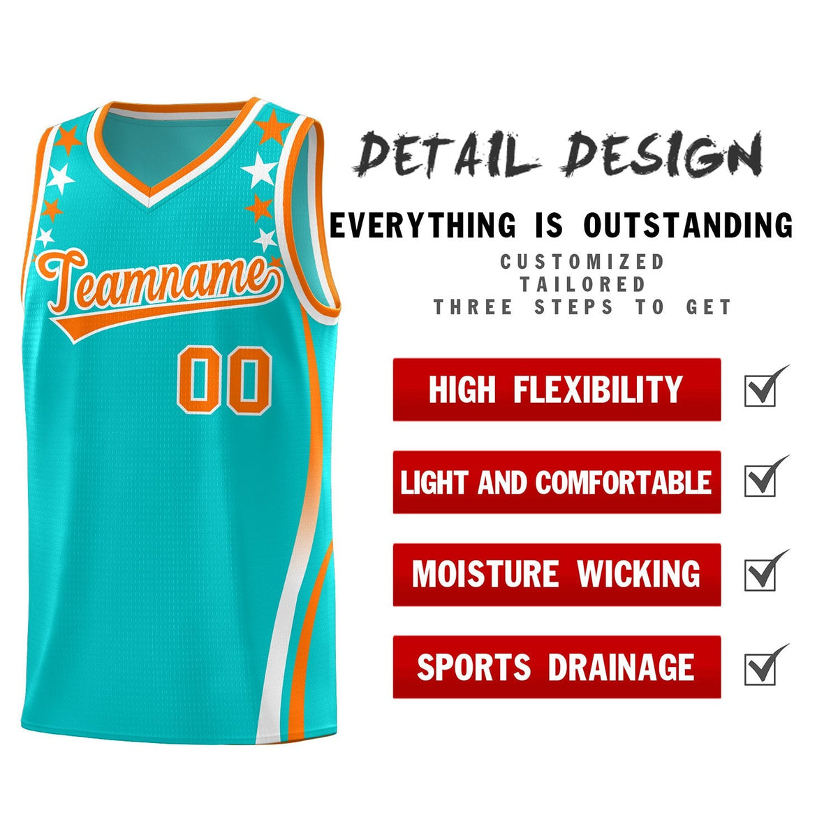 Custom Sky Blue Shoulders Star Pattern Side Color Block Sports Uniform Basketball Kits