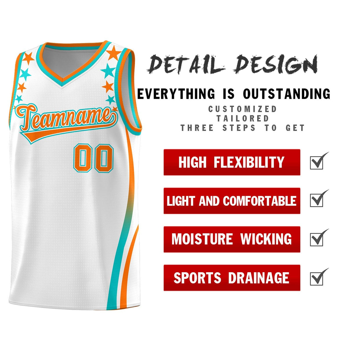 Custom White Shoulders Star Pattern Side Color Block Sports Uniform Basketball Kits