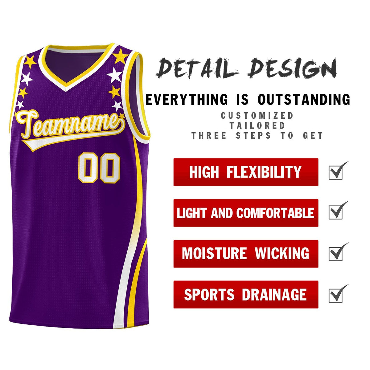 Custom Purple Shoulders Star Pattern Side Color Block Sports Uniform Basketball Kits