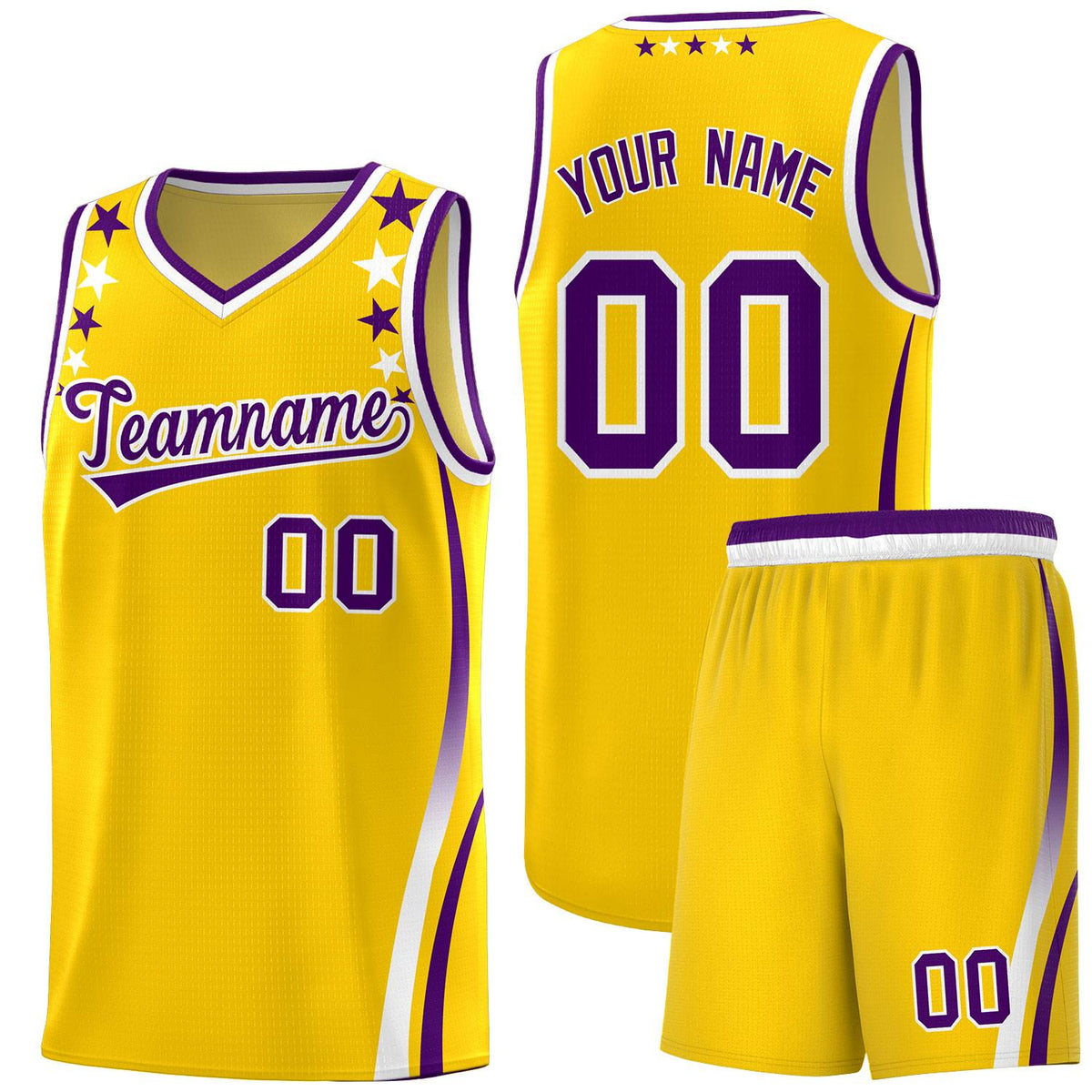 Custom Gold Shoulders Star Pattern Side Color Block Sports Uniform Basketball Kits