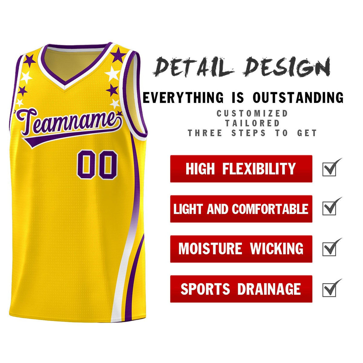 Custom Gold Shoulders Star Pattern Side Color Block Sports Uniform Basketball Kits