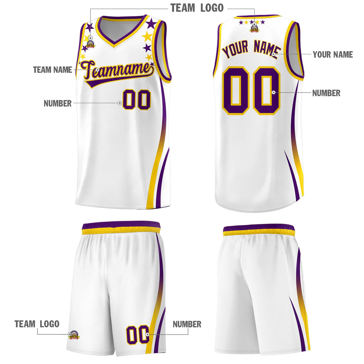 Custom White Shoulders Star Pattern Side Color Block Sports Uniform Basketball Kits