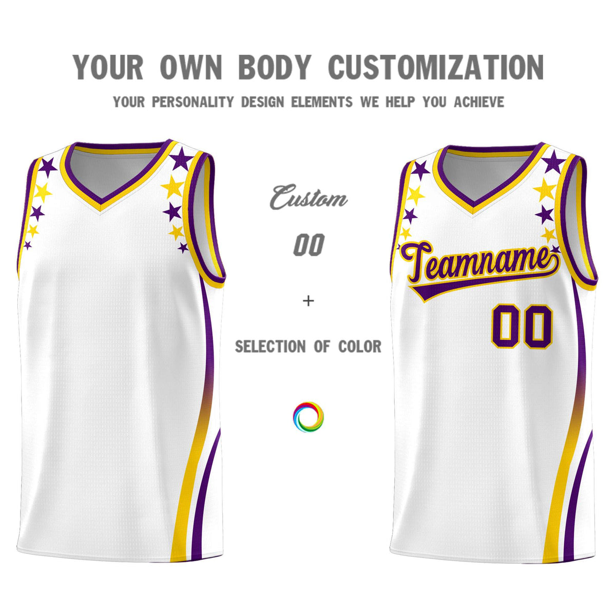Custom White Shoulders Star Pattern Side Color Block Sports Uniform Basketball Kits